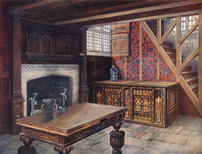 Inlaid Nonesuch Chest. Carved 'Drawinge' Table, Shibden Hall. Carved Chimneypiece at Chiddenstone. Earliest English Wall-Paper, at Borden Hall