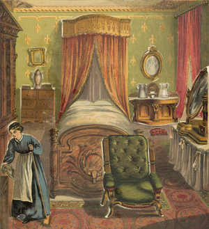 Bedroom with maid cleaning