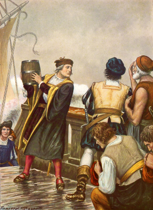 Columbus on the return from his first voyage throwing a barrel into the sea
