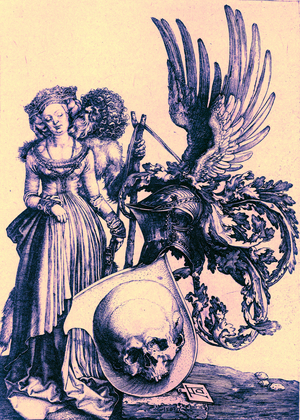 The Coat of Arms of Death, 1503, from reproduction in 'Albrecht Duerer Kupferstiche', published 1920 (digitaly enhanced image)
