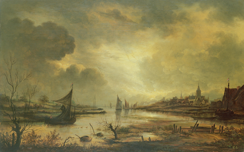 Dutch Town on a River by Moonlight (oil on panel)