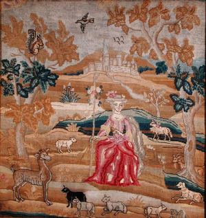 Embroidered panel depicting a shepherdess in front of a village (silk)