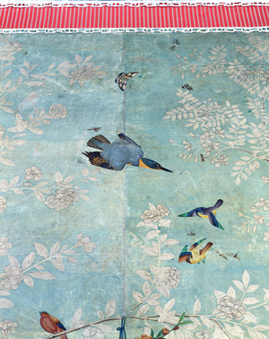 A belted kingfisher, cut from 'The Birds of America' and pasted onto hand-painted Chinese wallpaper (collage)