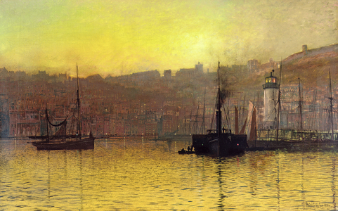 Nightfall in Scarborough Harbour, 1884 (oil on canvas)