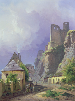 View of the Castle of Strekov with Cottages and Figures, 1845 (oil on canvas)