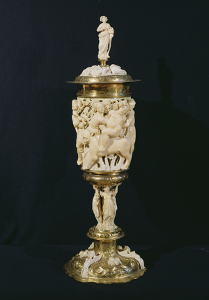 Chalice decorated with the triumph of Bacchus, Augsburg, 1640 (ivory and gold) (front) (see also 82008)