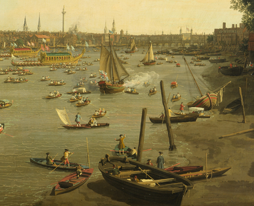 The River Thames with St. Paul's Cathedral on Lord Mayor's Day, detail of boats by the shore, c.1747-8 (oil on canvas) (detail of 464792)