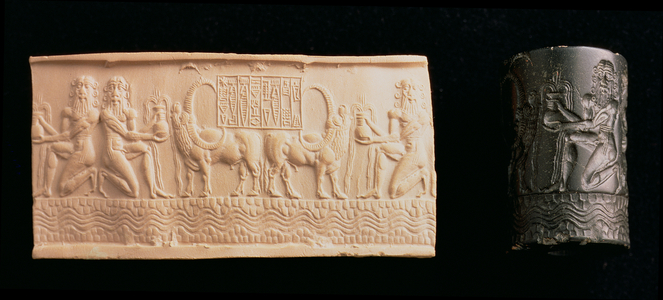 00326 Cylinder seal of Shar-kali-sharri, King of Akkad, Mesopotamia, c.2340-2100 BC (black marble)