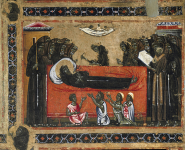 History of the life of Saint Francois from the altarpiece of San Francesco d'Assisi. Detail depicting the death of Saint Francois of Assisi. Painting of the Master (Maestro) del San Francesco Bardi. Florentine school of the first half of the 13th century. Chapel (Cappella) Bardi. Florence, Church of Santa Croce