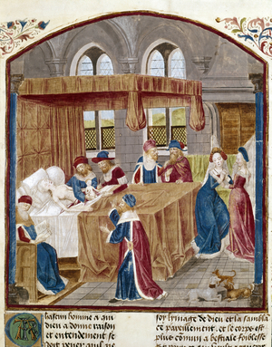 The Birth of Jules Cesar - Miniature extracted from Facts of the Romans by Jules Cesar a Domitian, texts by Lucan (39-65), Suetone (70-122) and Salluste (86-34 BC), (ms. 1055), 15th century. Chantilly, Musee Conde