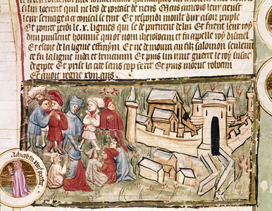 The advisers of King Roboam I, son of Solomon, reunited outside the city of Jerusalem Miniature from “” Genealogy of the Bible”” 14th century Cremona Biblioteca Governativa
