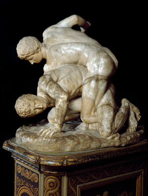 Greek antiquite: “” wrestlers”” Roman marble sculpture after a Greek original. 3rd-2nd century BC. Florence, Galleria degli Uffizi (Uffizi)