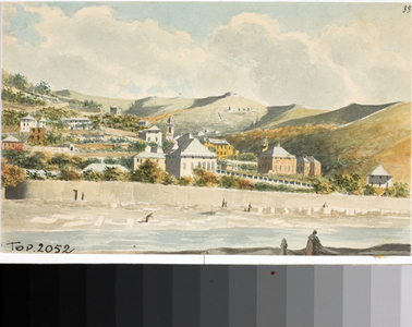 View over Marassi hill with bell tower of Santa margherita church near Genoa (Watercolour, ca 1825)