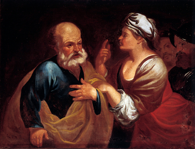 Saint Peter's denial (oil on canvas, 17th century)