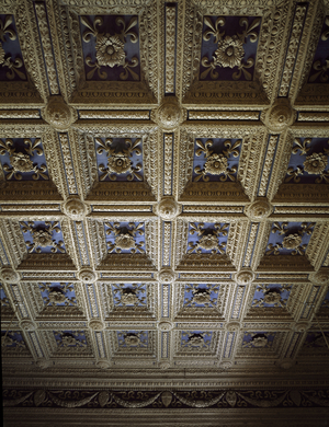 View of the carved coffer ceiling, Sala dei Dugento, 1462