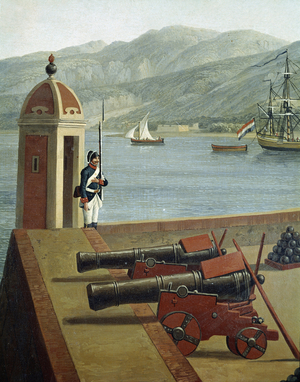 View of the military fortifications of the port of Reggio Calabria (View of Reggio Calabria military fortifications) Detail of a guard and canons (cannons and guard) - Painting by Jacob Philipp Hackert dit Hackert d'Italie (1737-1807) 18th century - Museo Nazionale di San Martino Naples