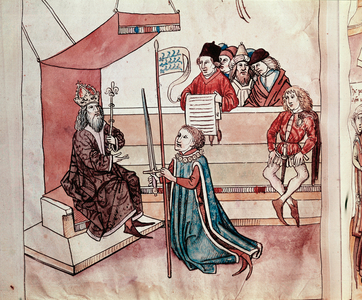 Investiture of a knight. Miniature from “Chronicles of the Council of Constance” by Ulrich Richental (1360-1437) 1438 approximately Prague, national library