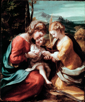 The Mystical Marriage of St. Catherine of Alexandria Painting by Antonio Allegri (known as Correggio or The Correge 1489-1534) 1520 approx. Sun. 28,5x23,5 cm Naples museo di Capodimonte