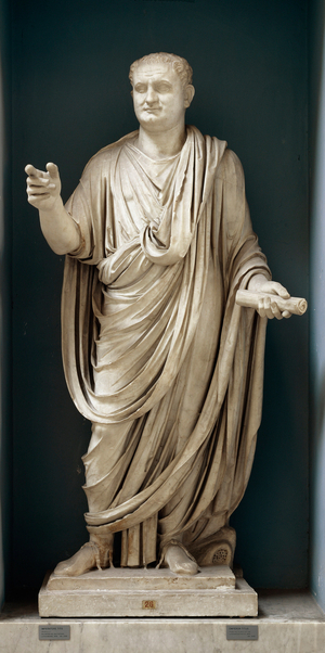 Roman Art: Roman Emperor Vespasiano (Vespasianus or Vespasiano, 9-79 ap. JC). Marble sculpture. Dim. 196 cm Vatican, Musei Vaticani, Museo Pio Clementino - Emperor Vespasian (Titus Flavius Vespasianus) (9-79 AD) - Marble sculpture (H.196 cm), Museo Pio Clementino, Musei Vaticani, Italy