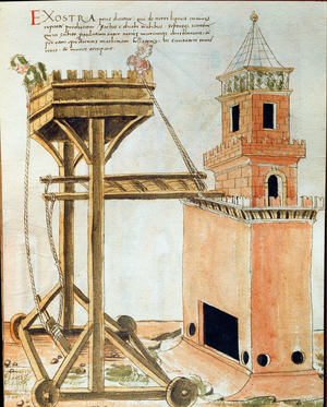 Art of war: study on military machines. a tower-shaped machine for the attack of a fortress, illustration by Matteo de Pasti (15th century) taken from 'De re militari' by engineer Roberto Valturio (1405-1483?) , 1470.. Padua, biblioteca capitolare