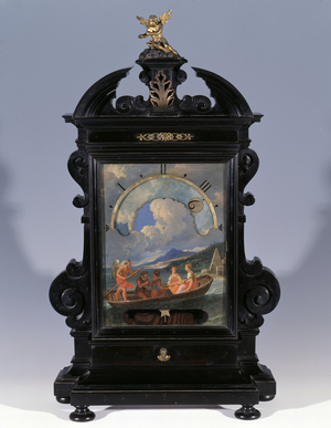 Night clock decorated with an allegory of time (wood, bronze and oil painting, 1677-1685)