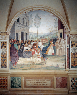 St Benedict carries the body of Christ on the body of the monk that the earth refuses to bury fresco of the cloitre made by Antonio Bazzi dit il Sodoma (1477 - 1549) recounting the life of Saint Benedict of Nursie (480 - 567) founder of the Order of Benedichi ictins 1503 - 1508 Abbey of Monte Oliveto Maggiore, Florence