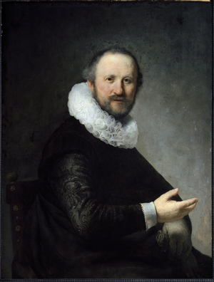 Dutch Bourgeois holding his gloves, wearing a ruff. (Painting, 1633)