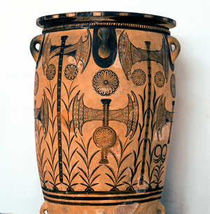 Symbols of the deities and representations of the sky and the earth as well as the double axe, symbol of Cretan civilization. (terracotta vase)