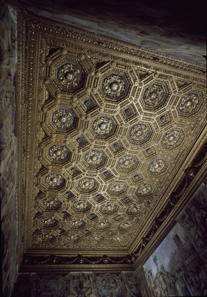 View of the carved coffer celling of the Audience Chamber (or Hall of Justice), 1478