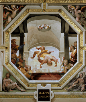 The fall of Marcus Manlius Capitolinus, from the Citadel of the Capitol during the Gallic invasion in 390 BC. 1529-1530 (fresco)