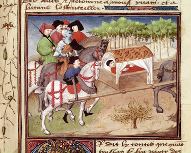 Lucan wounds by Tristan Miniature taken from “” Romanesque du Chevalier Tristan”” by the master Charles de Maine (Beroul version), 1440-1460 - Chantilly, Musee Conde