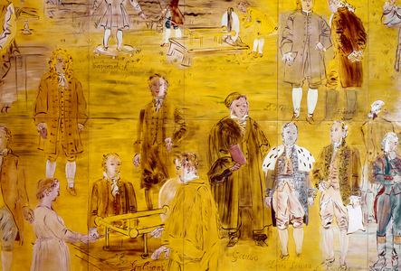 La Fee Electricite, detail: Portraits of different scientists: Henry Cavendish, Le Monnier, Franz Aepinus, Denis Papin, Joseph Priestley, Luigi Galvani, Carl Friedrich Gauss, Simeon-Denis Poisson, Pierre Simon de Laplace and Charles de Coulomb. 1937 (painting)