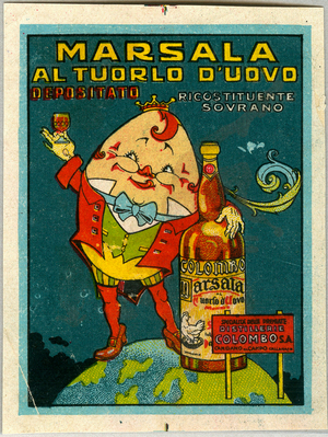 Marsala alcohol advertisement, recalling the character of Humpty Dumpty (Chromolithography, late 19th century)