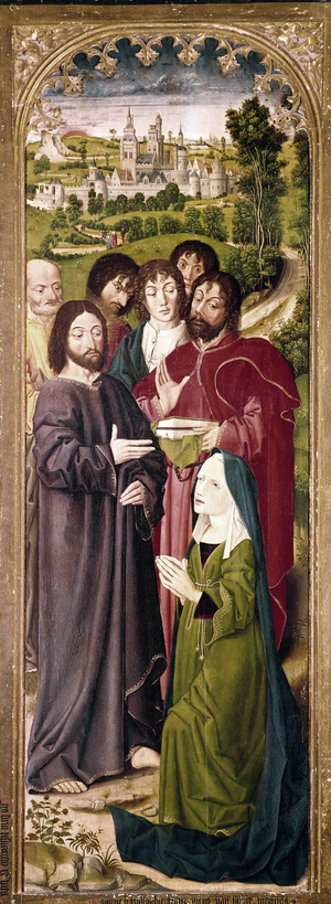 The resurrection of Lazarus: Martha before Christ (detail of the left panel), 1461 (tempera on panel)