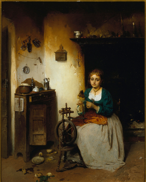 Young woman spinning wool, her expression is sad and her interior miserable. Painting by Gerolamo (Girolamo) Induno (1825-1890) Dim. 65x52 cm Genes Nervi, Galleria d'Arte Moderna, inv. 26