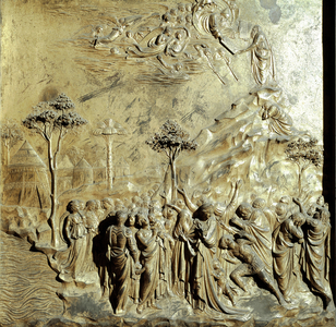 Moses receiving the tables of the law Original panel of the Gate of Paradise (East Gate of the Baptistere), after restoration. Gold bronze by Lorenzo Ghiberti (1378-1455), 1425-52. Dim. 79x79 cm Museo del 'Opera del Duomo, Florence.