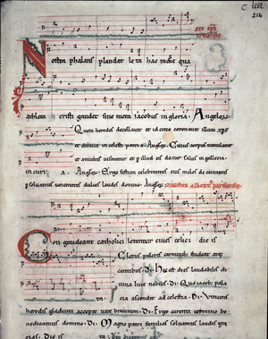 Leaflet of a pilgrim guide with lyrics of the pilgrimage of Santiago de Compostela, 13th century (manuscript)