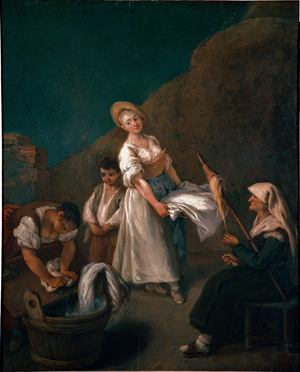 Young women washing the laundry in the bins, an elderly woman on the right lines of wool. Painting by Pietro Longhi (1702-1785) 1740 approx. Sun. 61x50 cm Venice, Ca 'Rezzonico, n. 1306