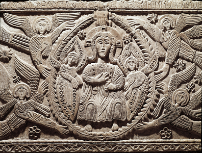 Lombard art: Christ in glory, low relief from the altar of Duke Rachis (Ratchis or Ratgis) - Sculpture, Lombard art, 737-744 (Relief of the Altar of Ratchis representing Christ in glory) Cividale del Friuli, Chretien Museum, treasor of the cathedrale