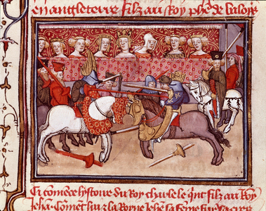 A tournament of knights at the time of King of France Charles V (1338-1380) Miniature taken from “” Les grandes Chronicles de France”” 14th century Chantilly, Musee Conde