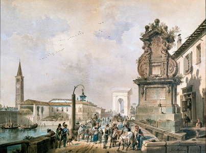 View of Trofeo bridge over naviglio Pavese, Milan (watercolour, 19th century)