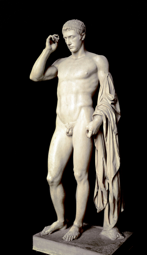 Roman Art: marble sculpture by Marcus Claudius Marcellus (42-23 BC), nephew of Augustus, Made by Cleomenes l'Athenien, around 20 BC, Dim. 190 cm - Paris, musee du Louvre - Funerary statue of honor of Marcellus (42-23 BC), Nephew and first son-in-law of Augustus - Marble sculpture (H. 180 cm) by Cleomenes the Athenian, c.20 BC - Louvre Museum, Paris