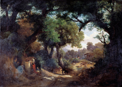 Representation of the painter Andrea del Castagno (1419-1457) with shepherd in a landscape (Portrait of the painter Andrea del Castagno and a shepherd in a landscape) Painting by Carlo Marko junior (1822-1891) 1863 Dim 59x83 cm Genes, Galleria d'Arte Moderna, inv 311