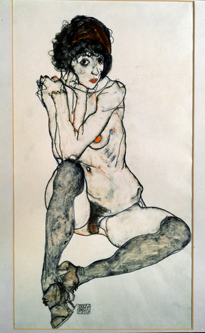 Female nude sitting, 1914 (Black chalk and watercolor on paper)
