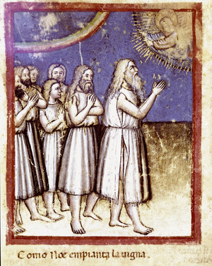 God blessed Noe and his family survivors of the Deluge Miniature from the codex 212 (or padovano codice or Bible of Padua) 1390-1400 Rovigo, Accademia dei Concordi