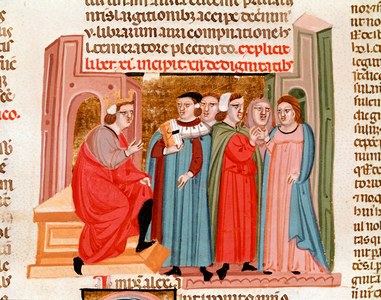 Celebration of a wedding at the time of Emperor Justinian (483-565). Miniature taken from “Justinianus Istitutiones”” 14th century Padua, Biblioteca capitolare