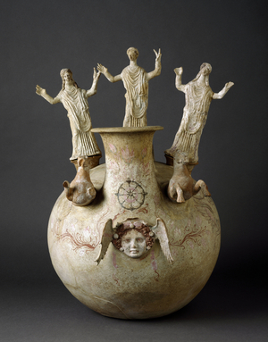 Askos with polychrome and sculpted decoration, end 4th-3rd century BC (clay)