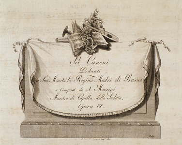 Frontispiece of musical score of "Sei canoni" by italian composer Natale Mussini (1765-1837) dedicated to the Queen of Prussia
