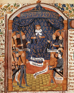 Hundred Years War: “King Charles VII surrounds high dignitaries and Joan of Arc”image from the manuscript “Vigiles of King Charles VII” in the chronicles of Jean Chartier, 1477-1483 (miniature)