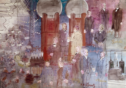 La Fee Electricite, detail: Portraits of Johann Wilhelm Hittorf, Heinrich Geissler, Henry Moseley, Pierre Curie, Marie Curie, Dmitrij Mendelee, Thomas Edison and Graham Bell. 1937 (painting)